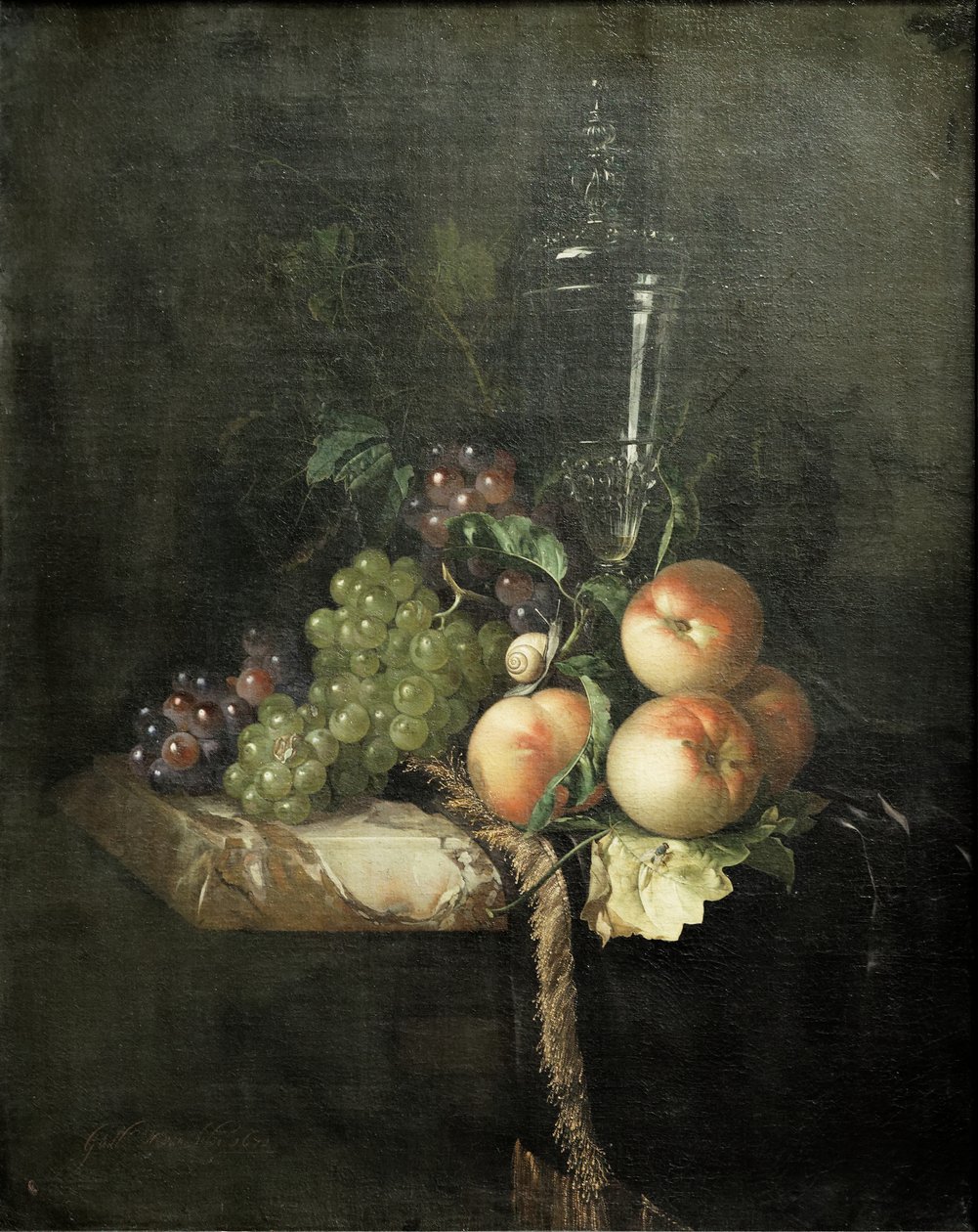 Winogrona, brzoskwinie i duże szkło autorstwa Willem van Aelst