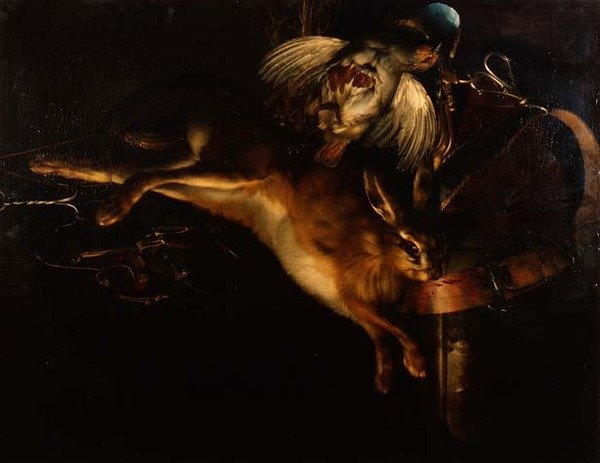 Martwa natura zająca, kuropatwa i sprzęt myśliwski wiszące nad marmurowym gzymsem autorstwa Willem van Aelst