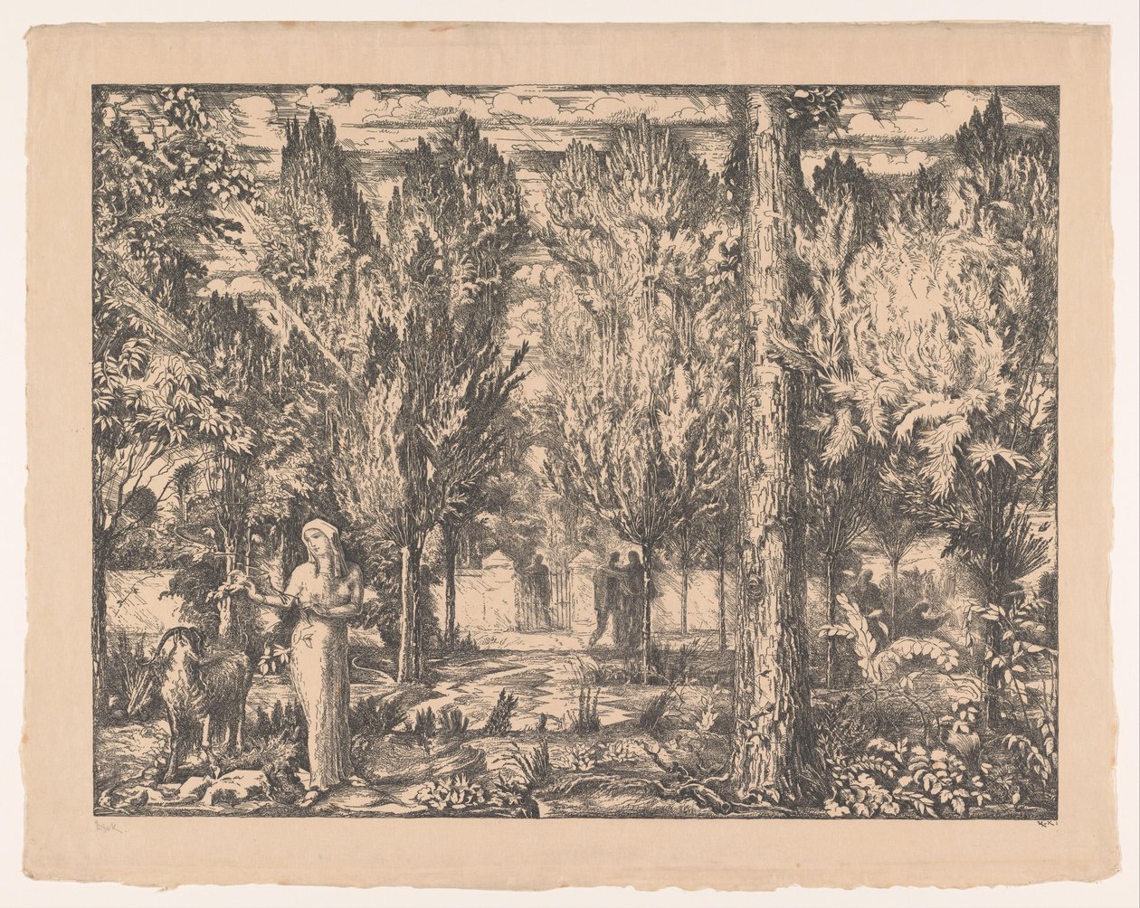 Kobieta i baran w otoczonym murem ogrodzie Park (tytuł oryginalny) autorstwa Willem van Konijnenburg (signed by artist)