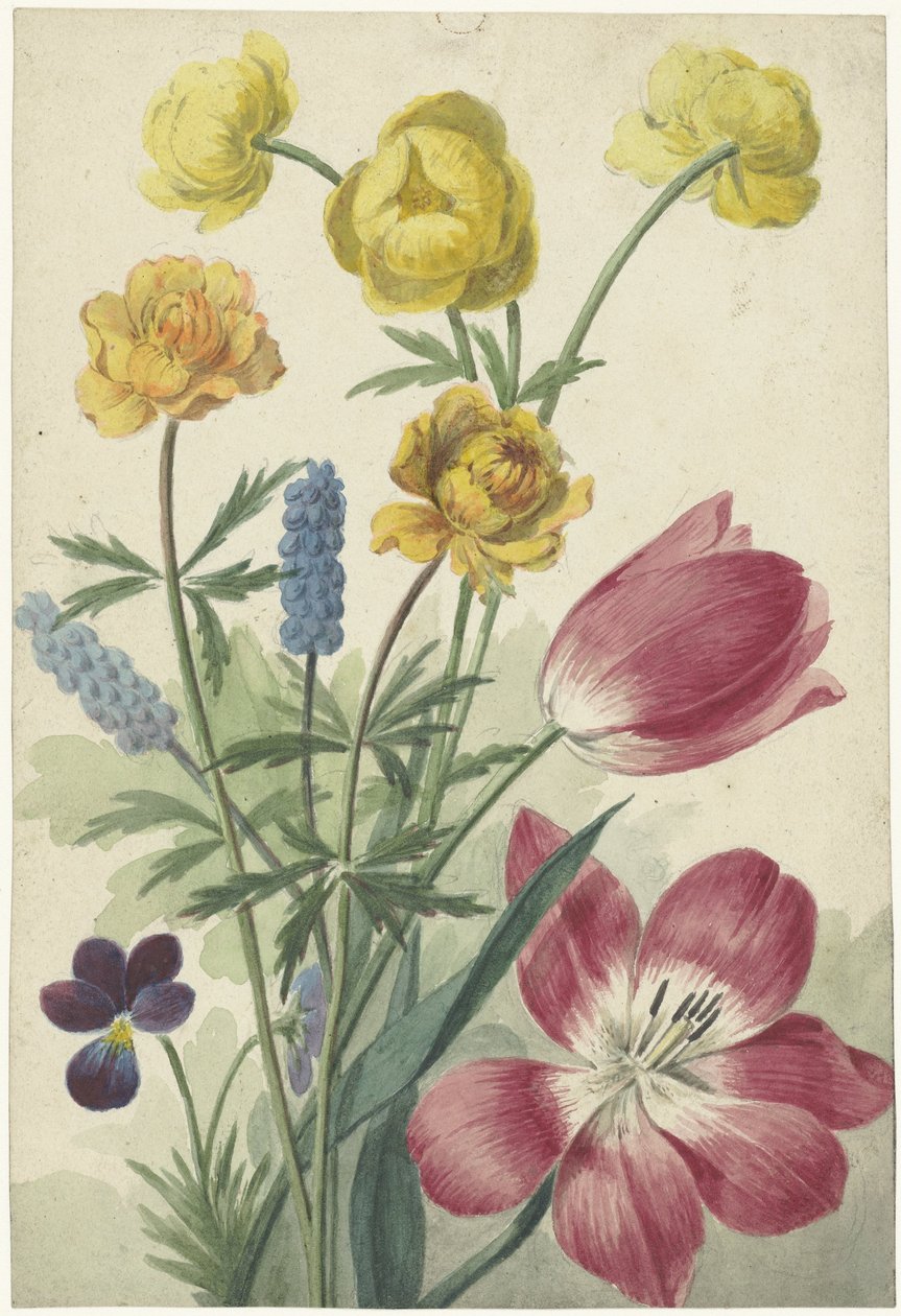 Bukiet tulipanów, fiołków, hiacyntów i kropek autorstwa Willem van Leen