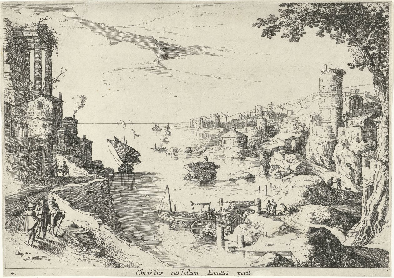 Krajobraz z podróżnikami Emaus Christ castellum Emaus petit (tytuł na obiekcie) Włoskie pejzaże ze scenami biblijnymi (tytuł serii) autorstwa Willem van Nieulandt (II)