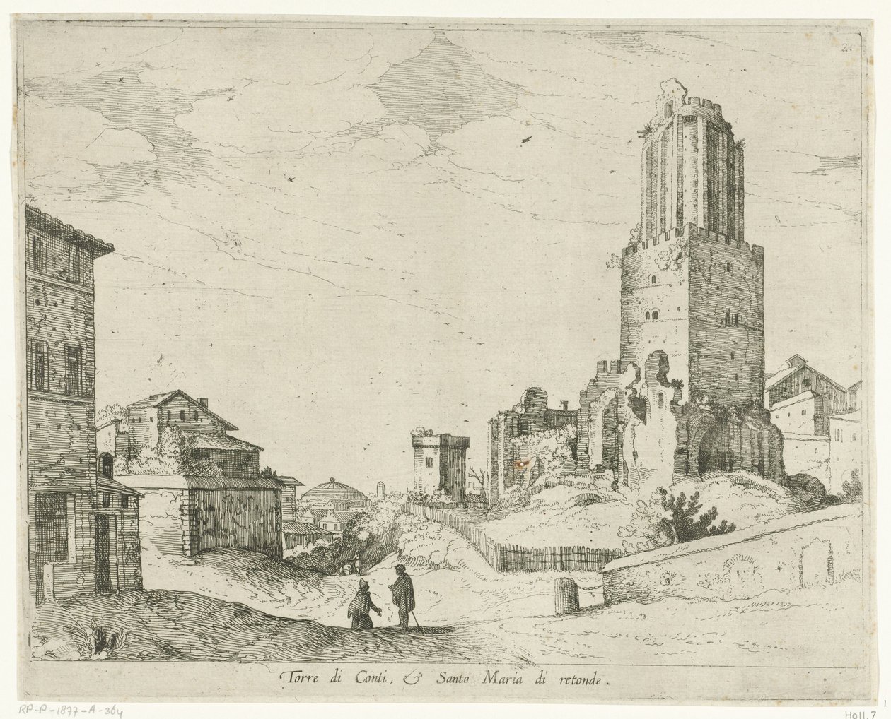 Torre delle Milizie i Panteon Torre di Conti e Santo Maria di retonde (tytuł obiektu) Widoki Rzymu (tytuł serii) autorstwa Willem van Nieulandt (II)