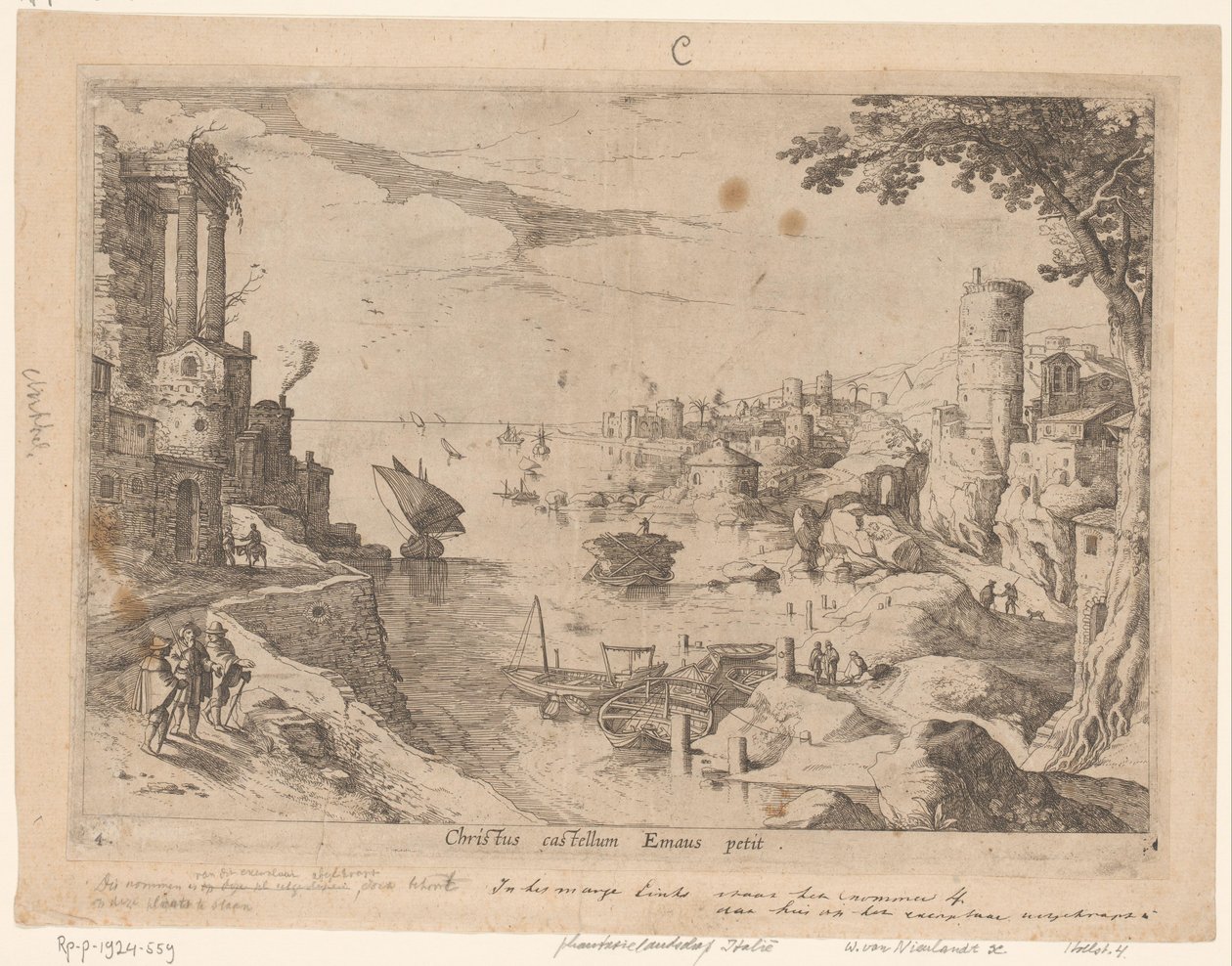 Krajobraz z podróżnikami Emaus Christ castellum Emaus petit (tytuł na obiekcie) Włoskie pejzaże ze scenami biblijnymi (tytuł serii) autorstwa Willem van Nieulandt