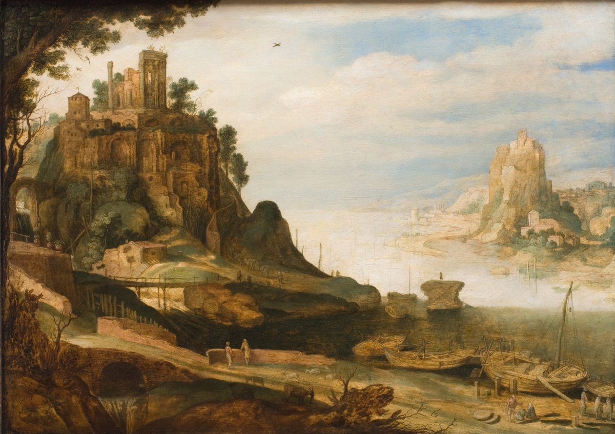 Krajobraz Wybrzeża z tzw. Świątynią Sybilli w Tivoli autorstwa Willem van Nieulandt d.Y.