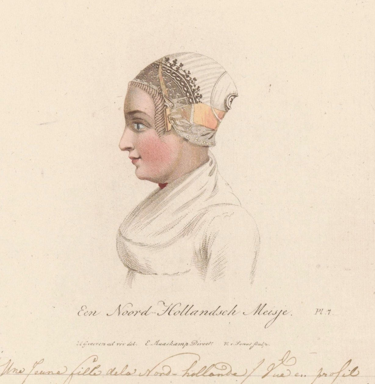 Nakrycie głowy dziewczyny z Holandii Północnej, 1816 A North Holland Girl / Une Jeune fille de la Nord-hollande / Vue en profil (tytuł na obiekcie) autorstwa Willem van Senus