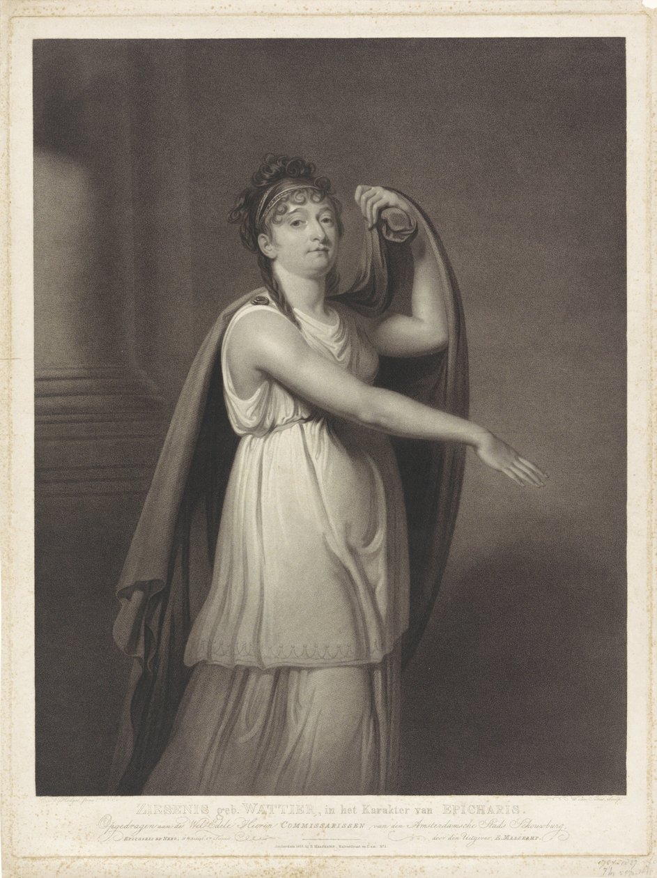 Portret Johanny Cornelii Ziesenis-Wattier Ziesenis ur. Wattier, w postaci Epicharisa (tytuł na obiekcie) autorstwa Willem van Senus