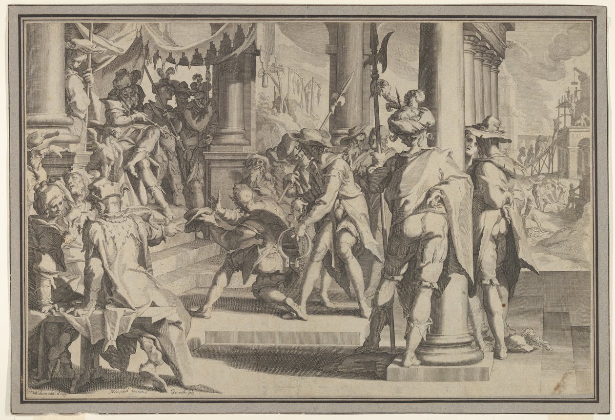 Alegoria Sprawiedliwości Świętość Prawa ze sceną sądową przedstawiającą ułaskawienie mężczyzny..., 1605. autorstwa Willem van Swanenburg