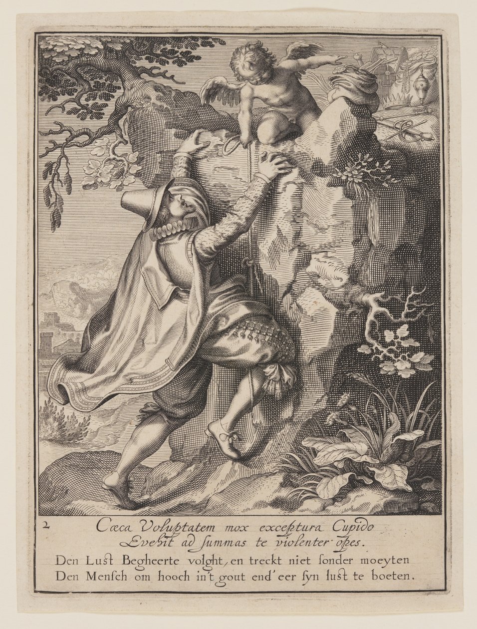 Młody mężczyzna wspinający się po zboczu wzgórza z pomocą Kupidyna, z Alegorii niewłaściwego wykorzystania dóbr doczesnych autorstwa Willem van Swanenburgh