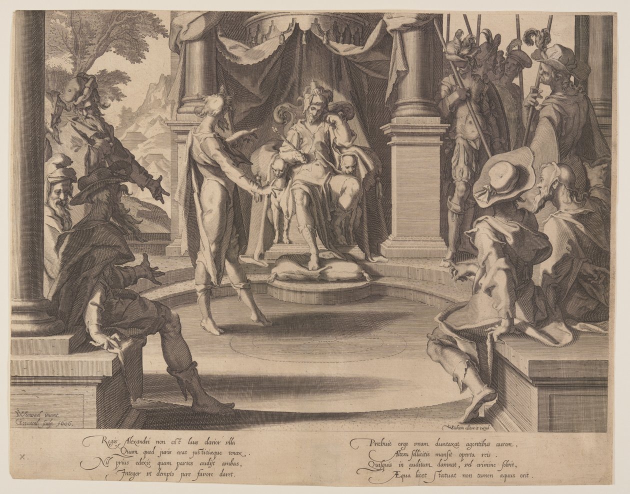 Aleksander Wielki jako sędzia, płytka 10 z Tronów Sprawiedliwości (Thronus Iustitiae) autorstwa Willem van Swanenburgh