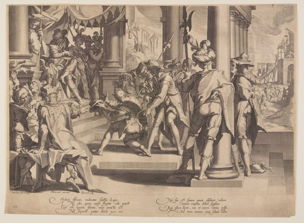 Alegoria sprawiedliwości, świętość prawa, płyta 12 z Tronów Sprawiedliwości (Thronus Iustitiae) autorstwa Willem van Swanenburgh