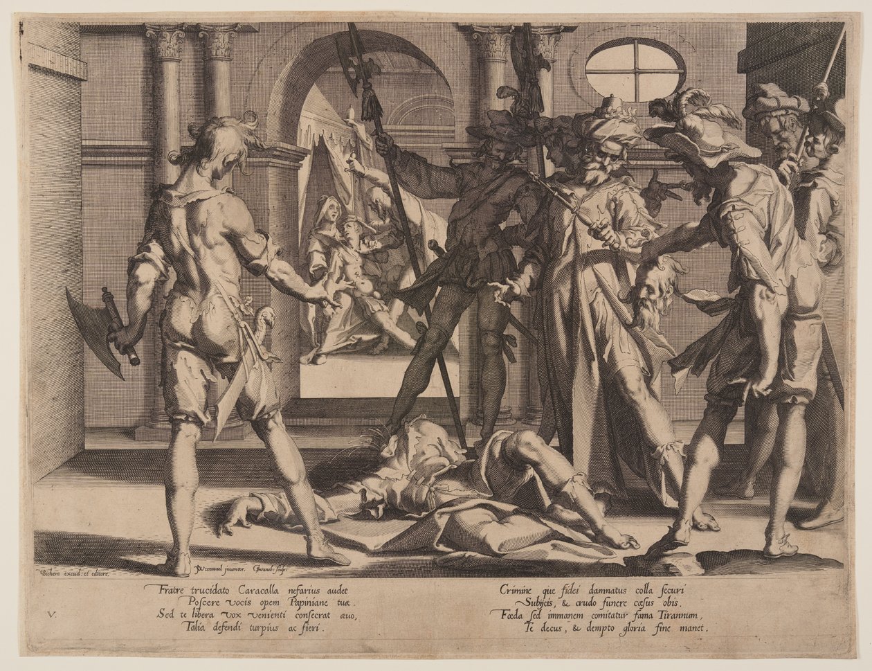 Ścięcie głowy rzymskiego sędziego Papiniana, płyta 5 z Tronów Sprawiedliwości (Thronus Iustitiae) autorstwa Willem van Swanenburgh