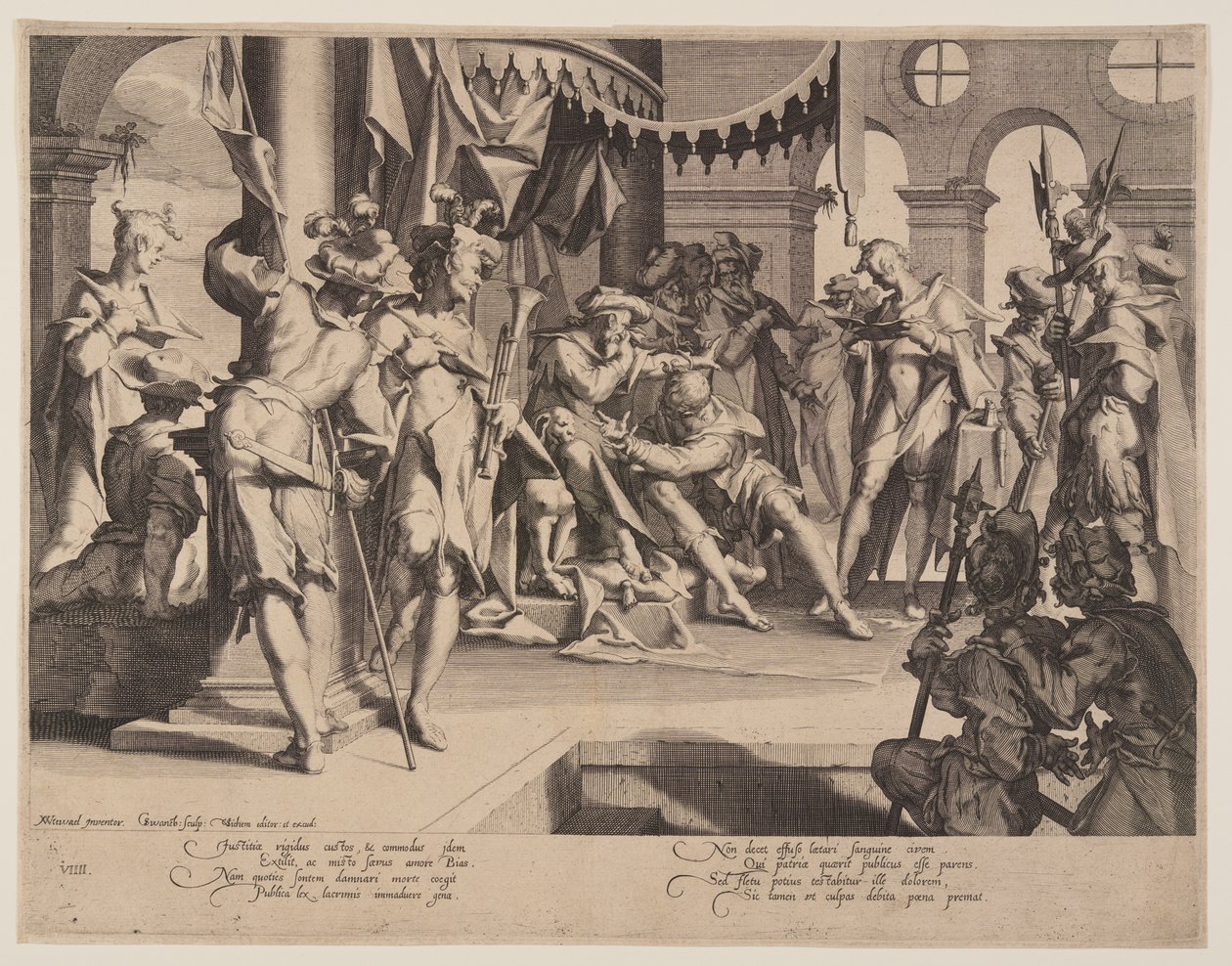 Sędzia Bias roni łzy, płytka 9 z Tronów Sprawiedliwości (Thronus Iustitiae) autorstwa Willem van Swanenburgh