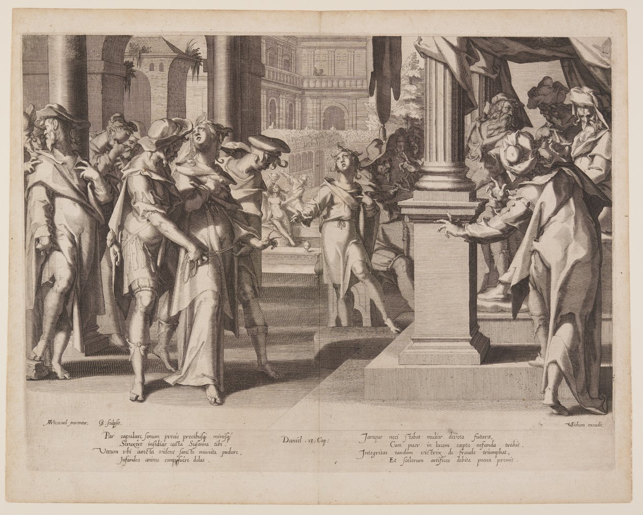 Zuzanna przed Danielem, płyta 3 z Tronów Sprawiedliwości (Thronus Iustitiae) autorstwa Willem van Swanenburgh