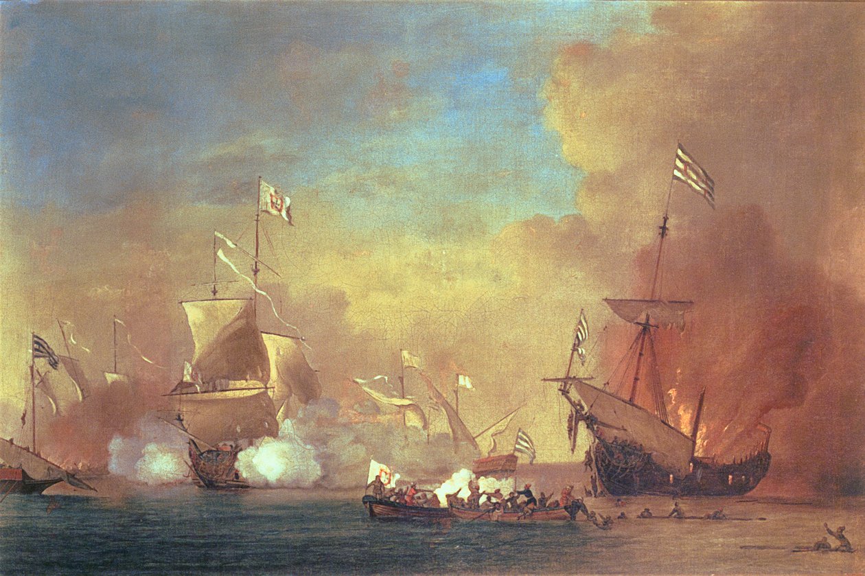Piraci z Barbary atakują hiszpański statek autorstwa Willem van de IIVelde