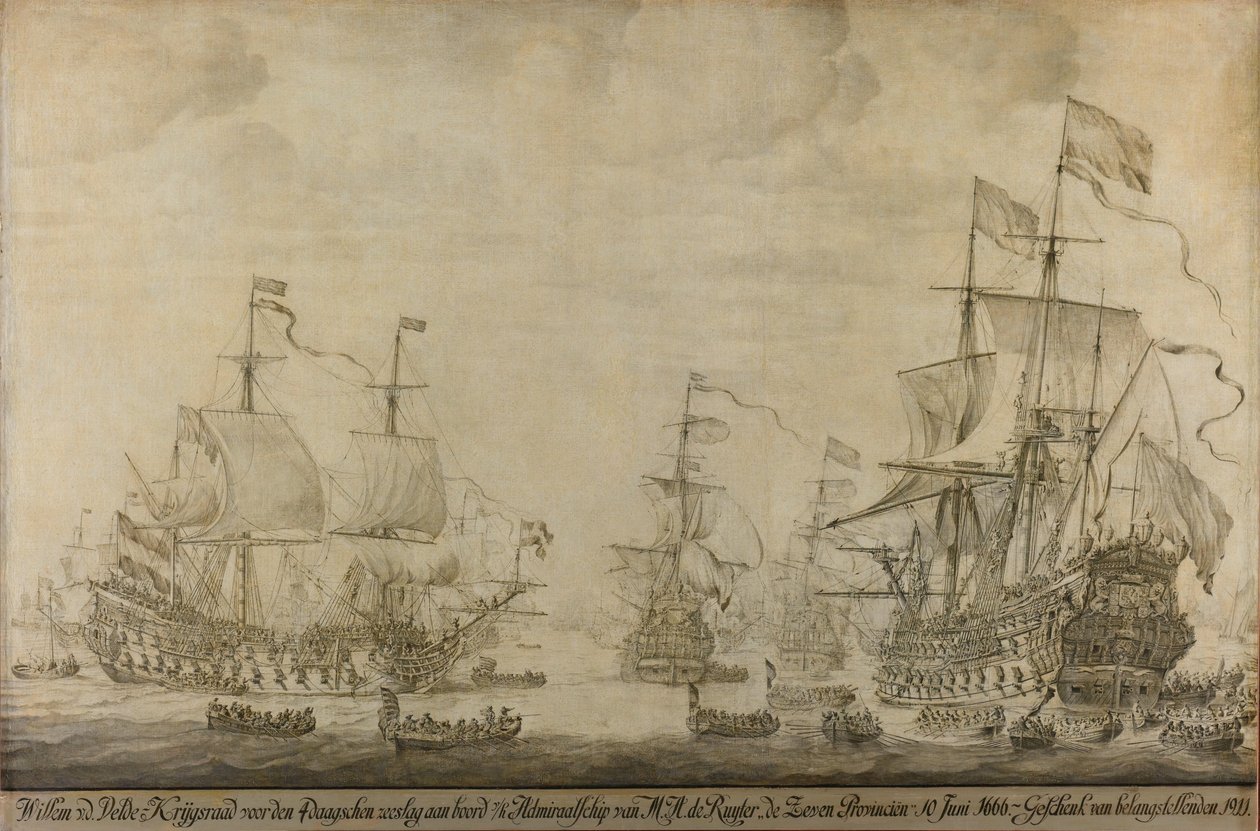 Rada Wojenna na pokładzie Siedmiu Prowincji, okręt flagowy Michiela Adriaensza de Ruytera, 10 czerwca 1666, poprzedzający bitwę czterodniową: epizod z II wojny angielsko-holenderskiej autorstwa Willem van de Velde (I)