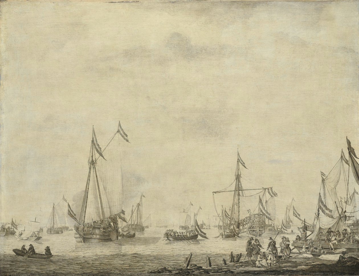 Jacht Królewski i Stateczny Żagiel Jachtowy z Moerdijk z Karolem II, królem Anglii, na pokładzie, 1660 autorstwa Willem van de Velde (I)