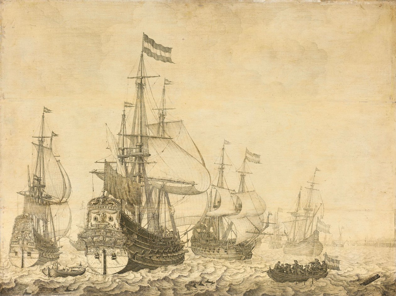 Pejzaż morski z holenderskimi wojownikami, w tym Drenthe i księciem Fryderykiem-Henrym autorstwa Willem van de Velde (I)