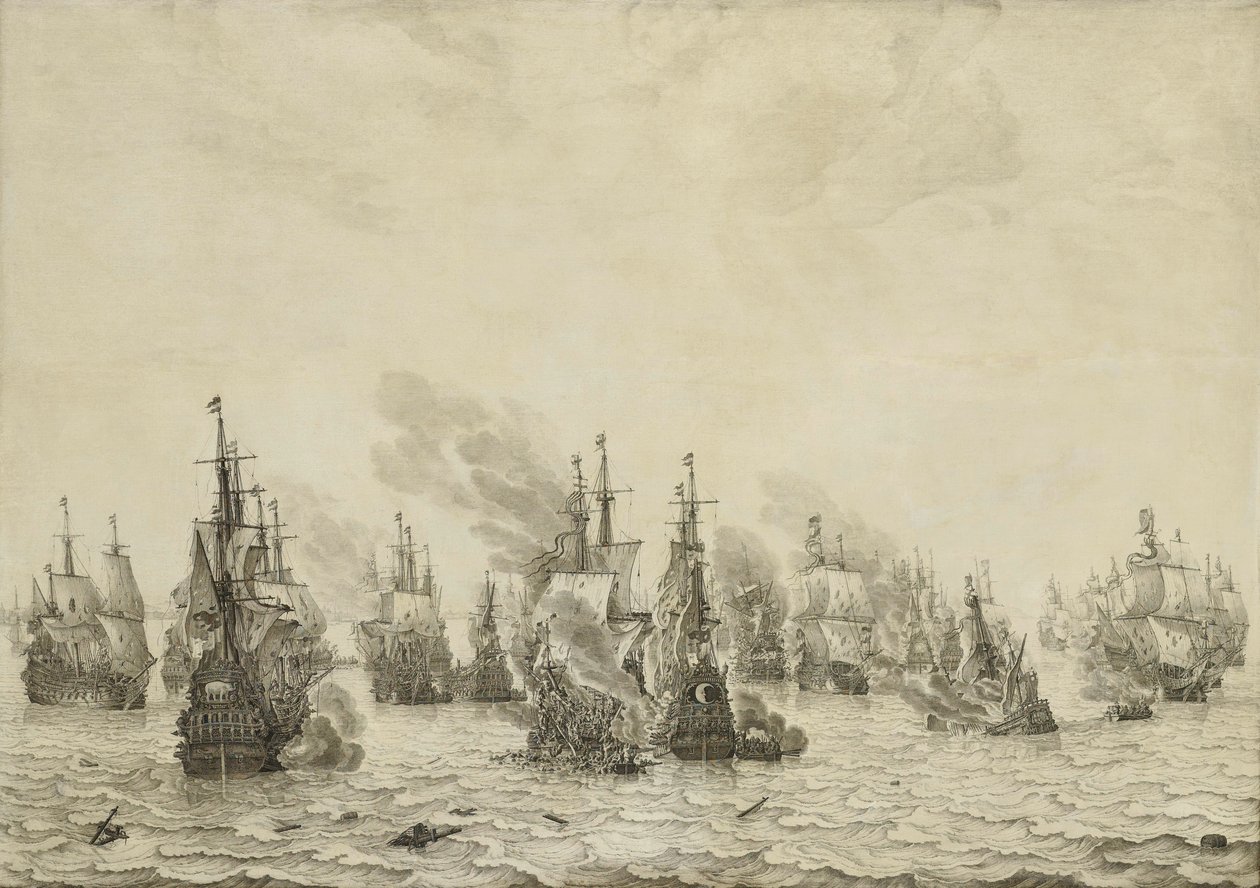 Bitwa pod Livorno (Leghorn) Bitwa morska pod Livorno, 14 marca 1653: Epizod z pierwszej wojny angielsko-holenderskiej (1652-54) autorstwa Willem van de Velde (I)