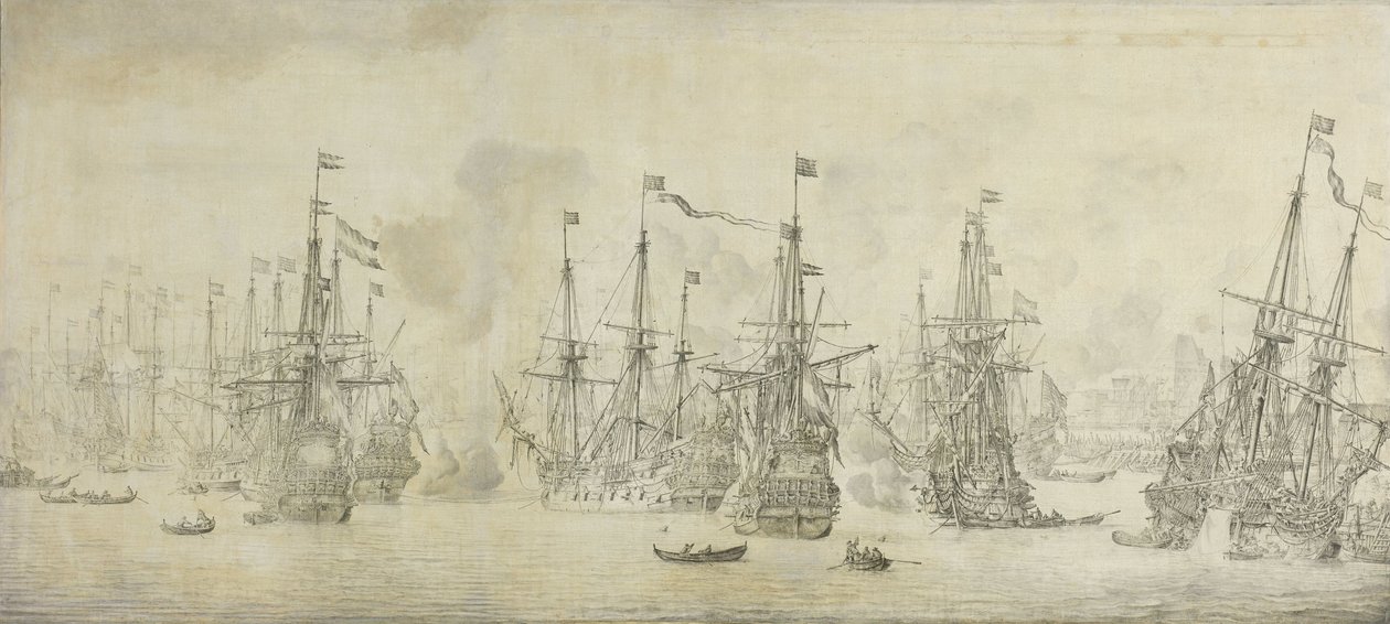Nieudany atak Anglików na flotę powrotną w porcie Bergen, Norwegia, 12 sierpnia 1665: epizod z II wojny angielsko-holenderskiej autorstwa Willem van de Velde (I)