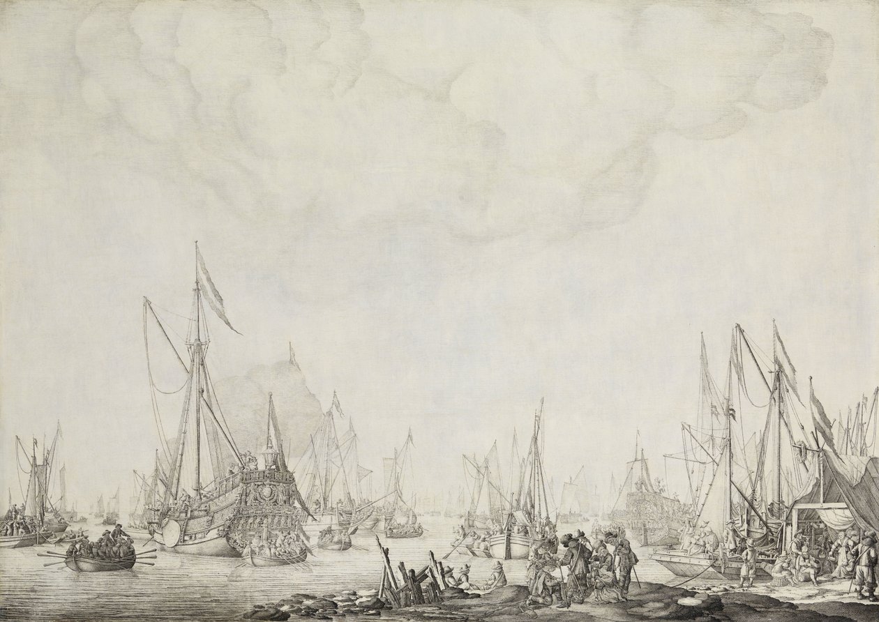 Jachty królewskie i państwowe, prawdopodobnie przybycie Karola II z Anglii do Moerdijk, 1660 r autorstwa Willem van de Velde (I)
