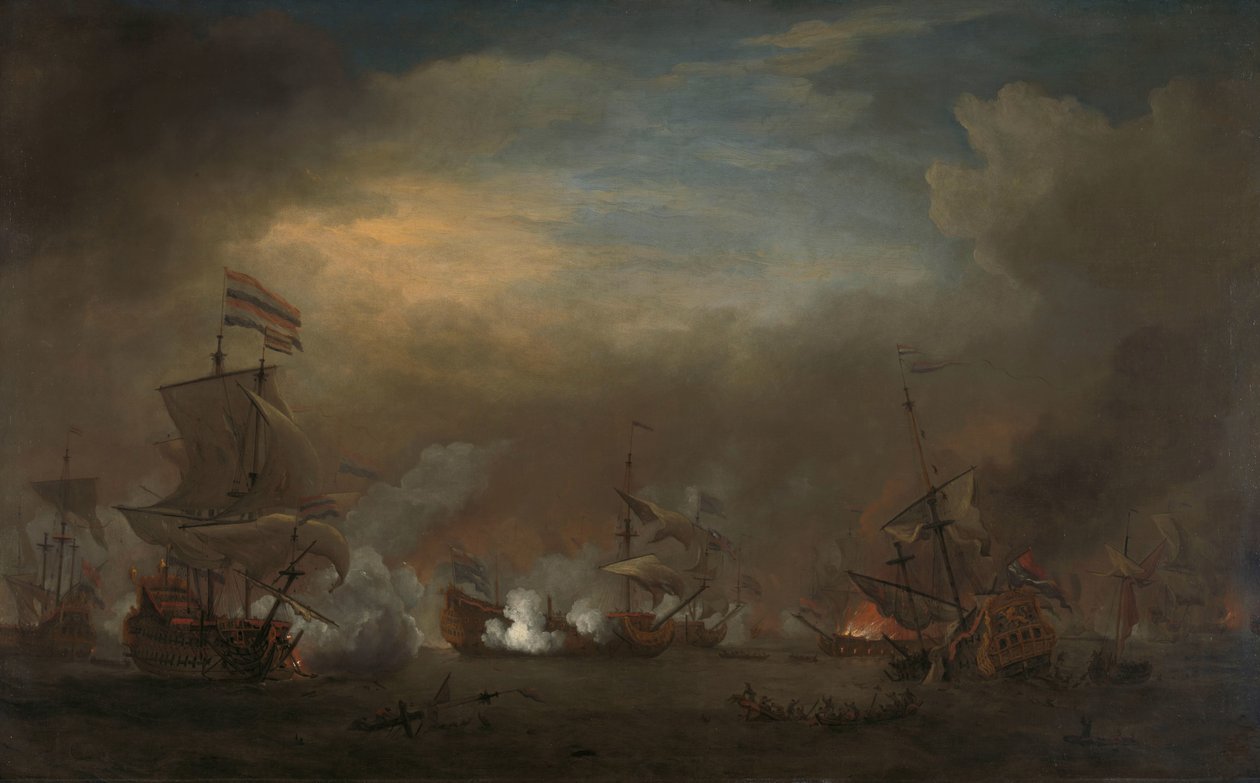 Spotkanie podczas bitwy pod Kijkduin Bitwa morska między Cornelis Tromp na Gouden Leeuw i Sir Edward Spragg na Royal Prince podczas bitwy pod Kijkduin (bitwa pod Texel), 21 sierpnia 1673: epizod z trzeciej wojny angielsko-holenderskiej autorstwa Willem van de Velde (II)