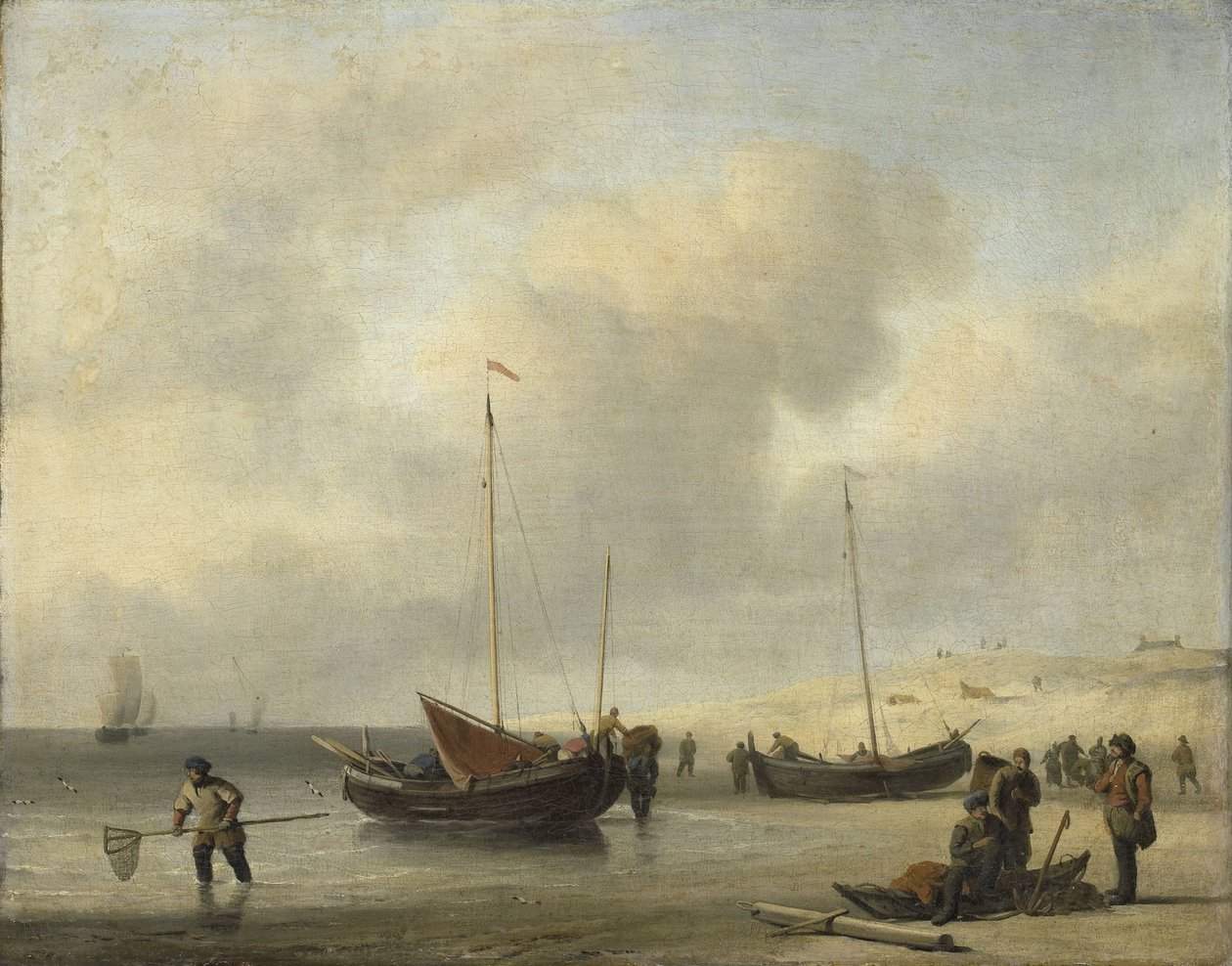 Łodzie rybackie na brzegu (brzeg, rozładunek kutra rybackiego) autorstwa Willem van de Velde (II)
