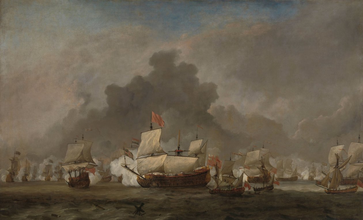 Bitwa morska między Michielem Adriaenszem de Ruyterem a księciem Yorku na Księciu Królewskim podczas bitwy pod Solebay, 7 czerwca 1672: epizod z trzeciej wojny angielsko-holenderskiej autorstwa Willem van de Velde (II)