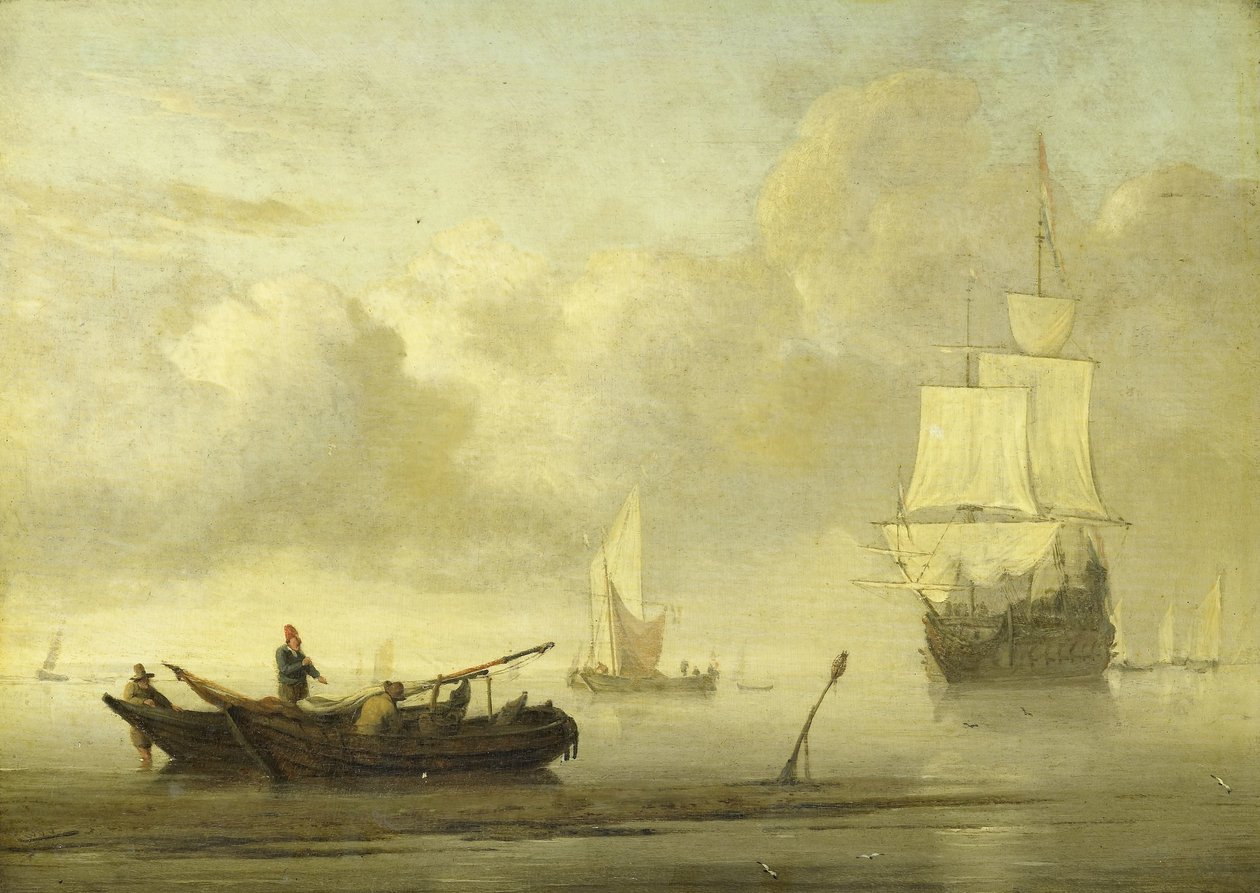 Statki w pobliżu wybrzeża podczas ciszy autorstwa Willem van de Velde (II)
