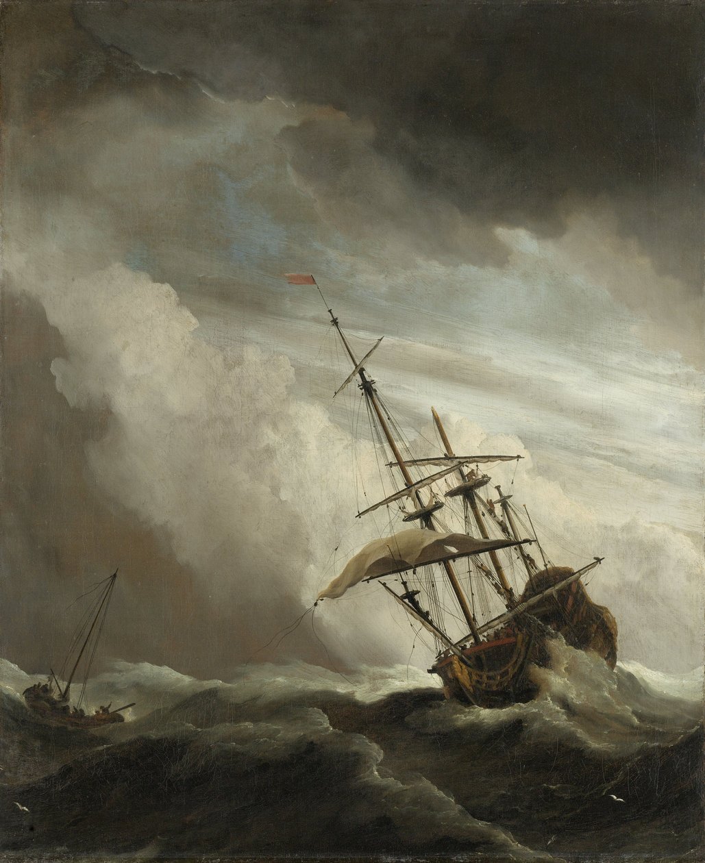 Statek na pełnym morzu złapany przez Szkwał, znany jako Podmuch, 1680 autorstwa Willem van de Velde