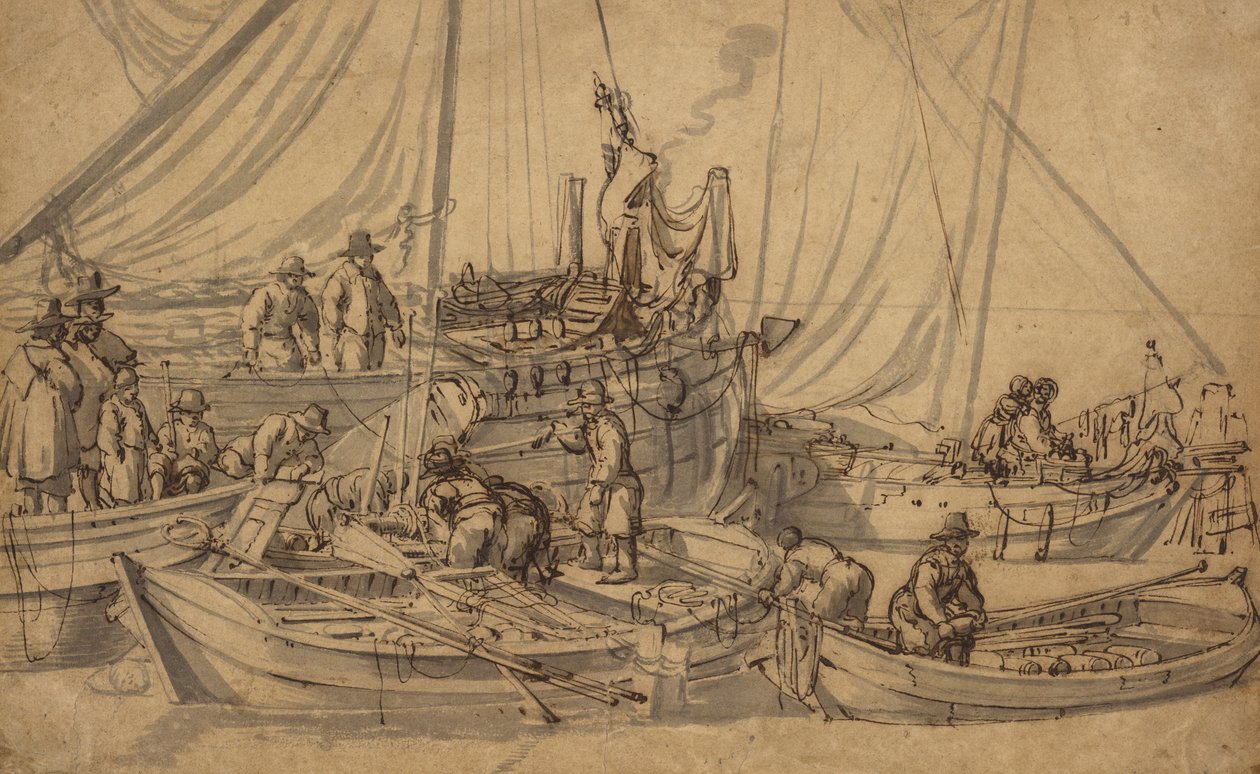 Figurki na pokładzie małych statków handlowych, ok. 1650-5 (długopis, brązowy tusz i rysunek spryskiwaczy) autorstwa Willem van de Velde