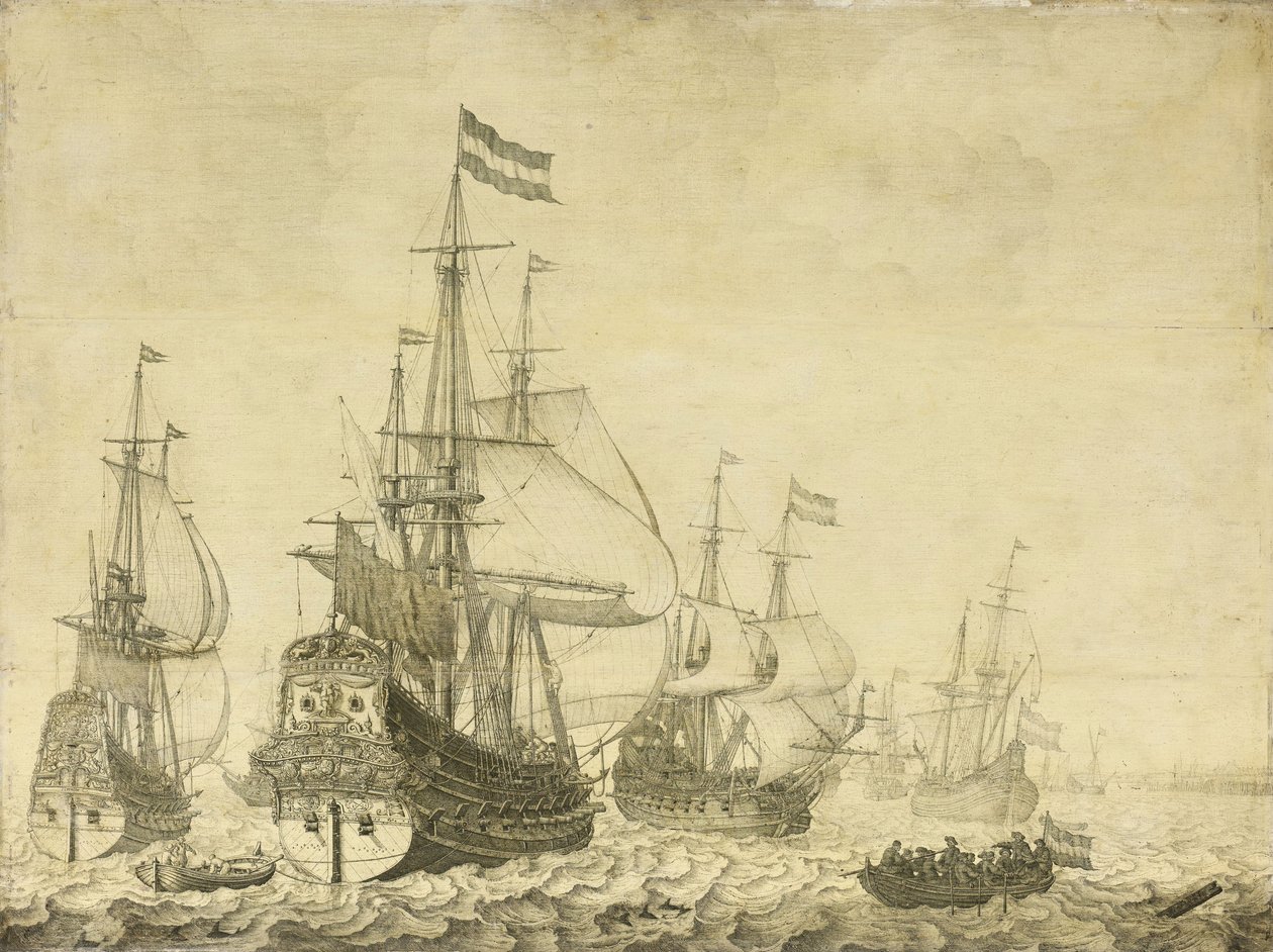 Pejzaż morski z holenderskimi wojownikami, w tym Drenthe i księciem Fryderykiem-Henrym, ok. 1670 (malarstwo na desce) autorstwa Willem van de Velde