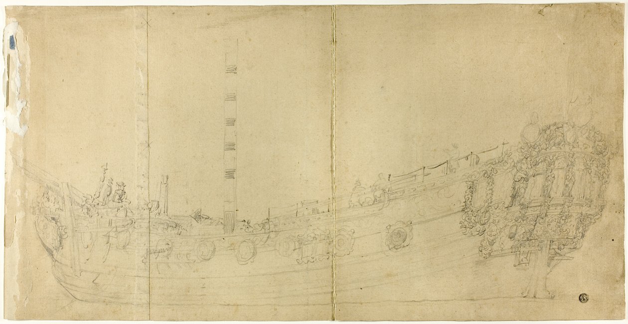 Rysunek konstruktora statku dla holenderskiego galeonu autorstwa Willem van de Velde I