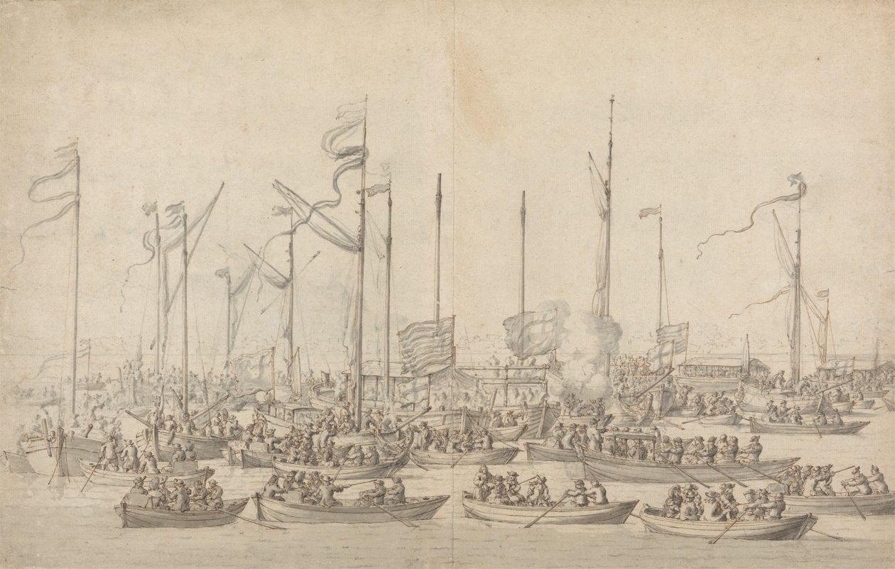 Uroczystość nad Tamizą w pobliżu Whitehall autorstwa Willem van de Velde the Elder
