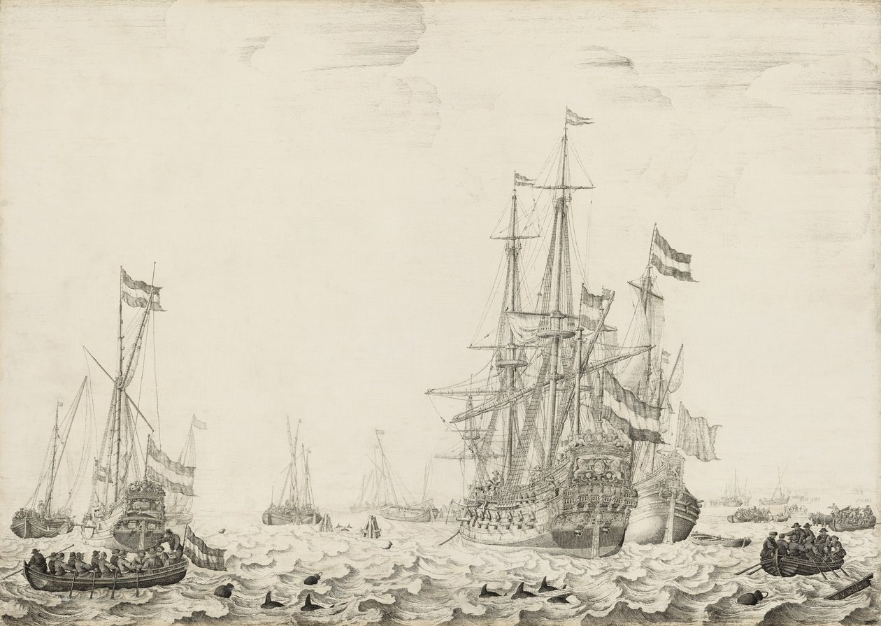Holenderskie statki w pobliżu wybrzeża autorstwa Willem van de Velde the Elder