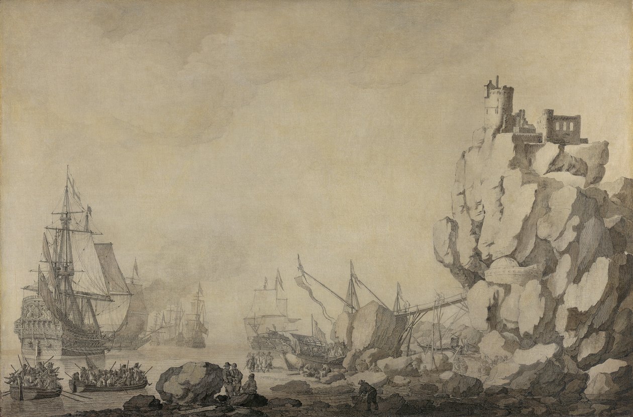 Statki i milicja przy skalistym brzegu autorstwa Willem van de Velde the Elder