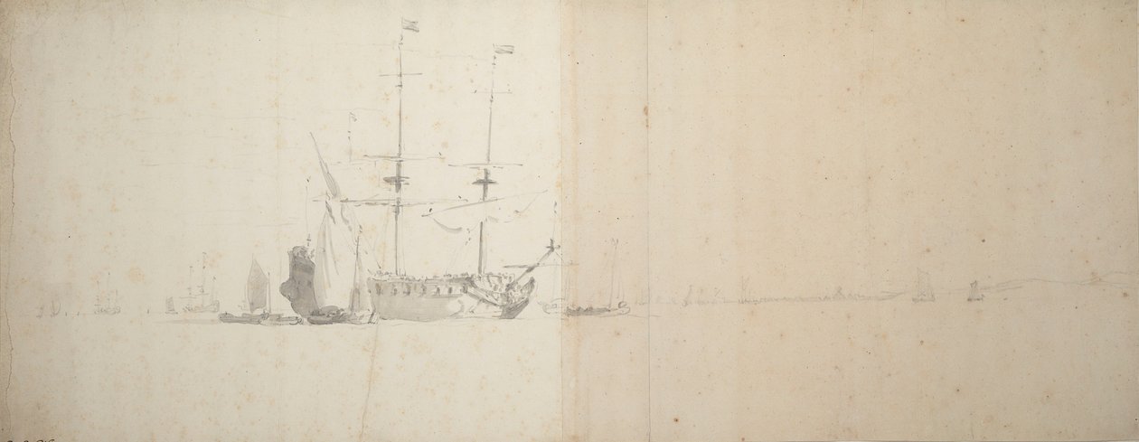 Holenderski statek na kotwicy u wybrzeży lądu, ok. 1666 r. (grafit) autorstwa Willem van de Velde the Younger