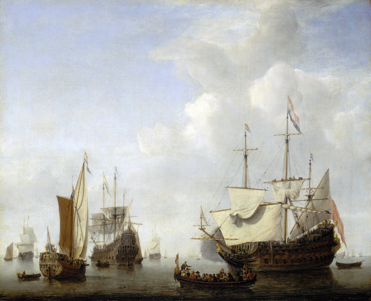 Holenderski statek na kotwicy, prawdopodobnie należący do księcia Fryderyka Hendrika Orańskiego (1584-1647). Olej na płótnie, około 1658 roku, autorstwa Willema van de Velde (1633-1707). autorstwa Willem van de Velde the Younger