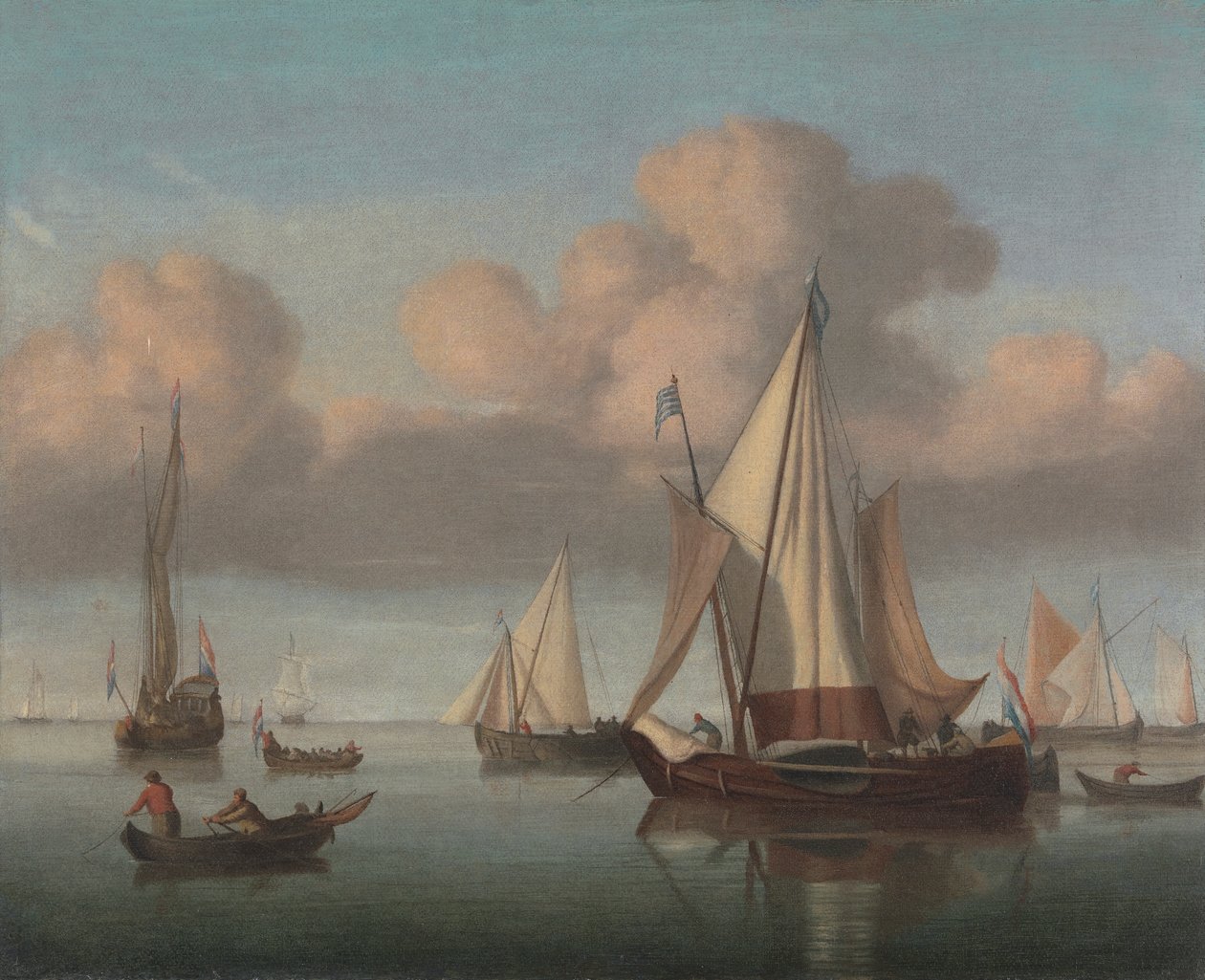 Kaag na kotwicy z podniesionymi żaglami oraz jacht państwowy i inne statki autorstwa Willem van de Velde the Younger