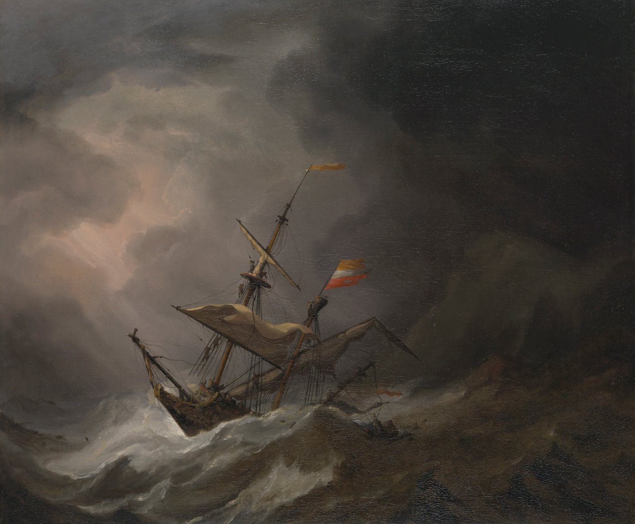Śródziemnomorska brygantyna dryfująca po skalistym wybrzeżu podczas sztormu, ok. 1700 r. (olej na płótnie) autorstwa Willem van de Velde the Younger