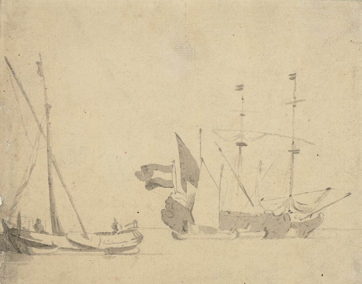 Boeier na molo i holenderski statek na kotwicy, ok. 1665 (szare płótno) autorstwa Willem van de Velde the Younger