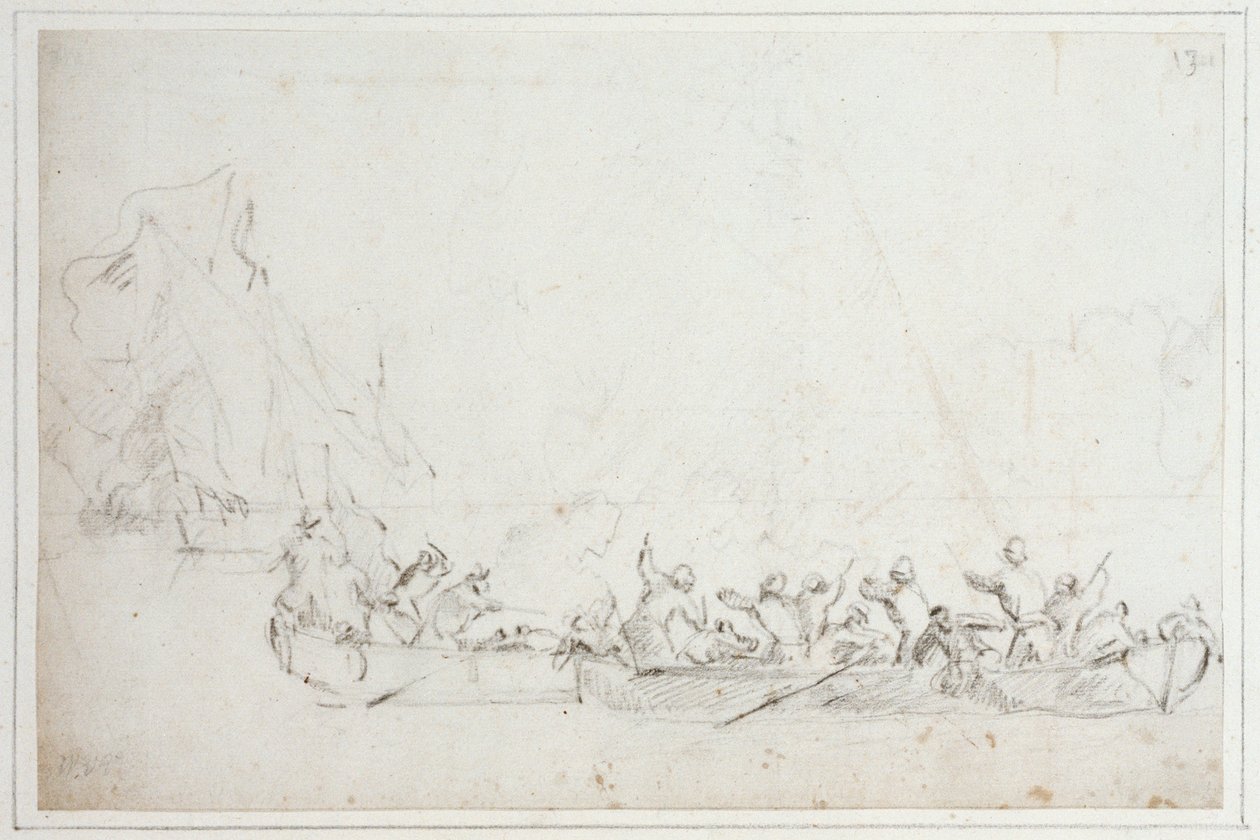 Walka w łodziach między holenderskimi lub angielskimi i barbarzyńskimi piratami, ok. 1675 r. (kreda) autorstwa Willem van de Velde the Younger