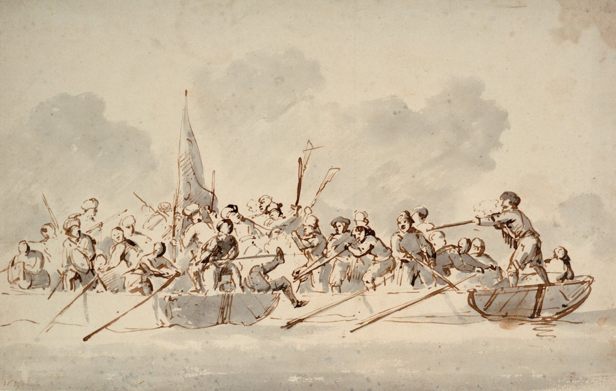 Walka w łodziach z piratami barbarzyńskimi, ok. 1685 r. (rysunek) autorstwa Willem van de Velde the Younger