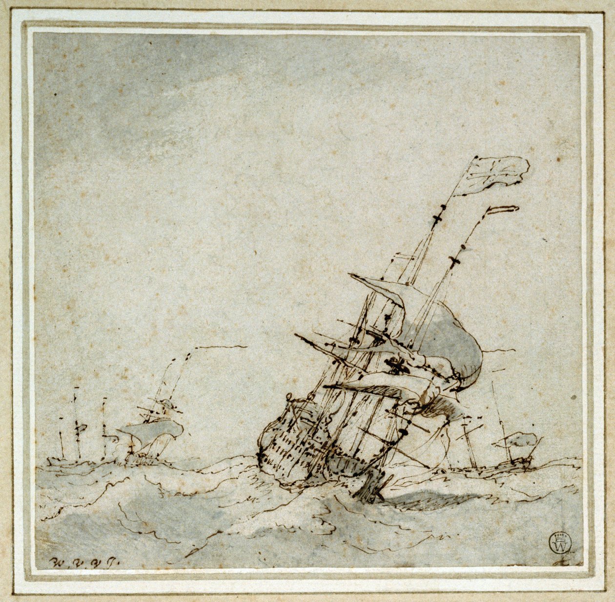 Okręt flagowy (niosący flagę), przyspieszający, by uciec przed sztormem. Rysunek autorstwa Willema van de Velde Młodszego (1633-1707), wykonany około 1700 roku. autorstwa Willem van de Velde the Younger