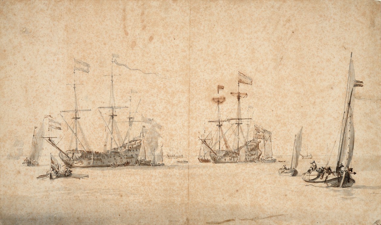 Kaag płynący swobodnie i dwa holenderskie okręty flagowe na kotwicy, ok. 1665 r. (pióro, brązowy tusz, szary pył) autorstwa Willem van de Velde the Younger