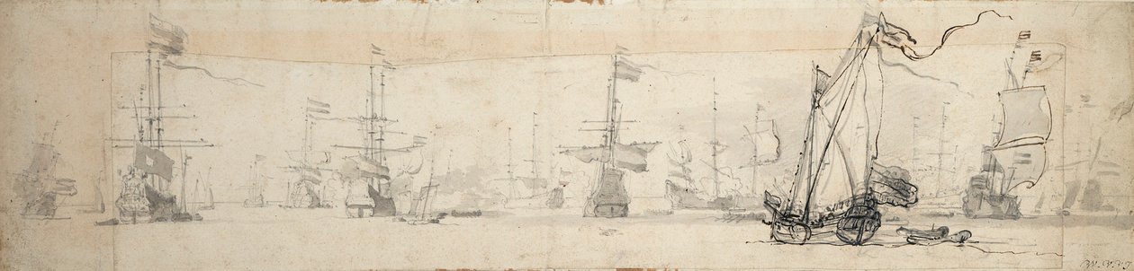 Jacht państwowy pod żaglami i statki na kotwicy, ok. 1665 (grafit, szare pranie) autorstwa Willem van de Velde the Younger