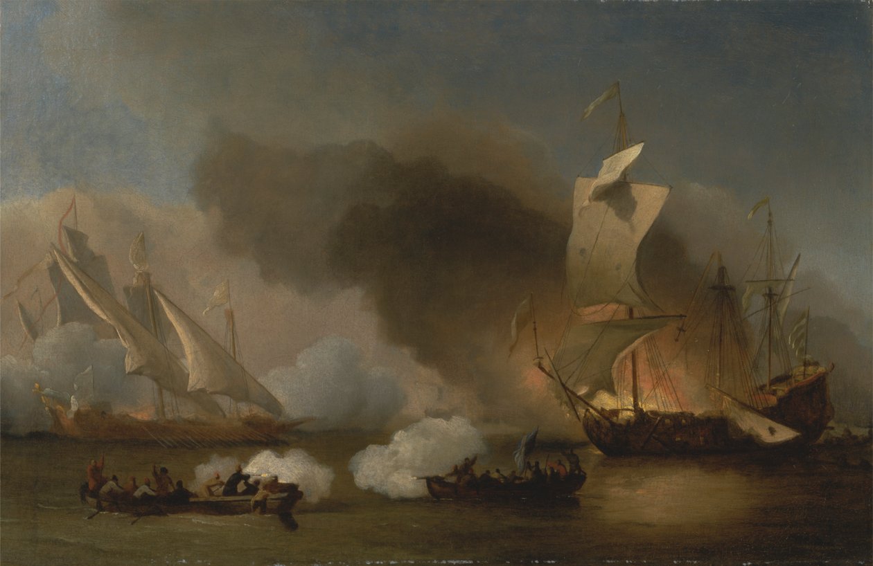 Akcja między angielskimi statkami a berberyjskimi korsarzami autorstwa Willem van de Velde the Younger