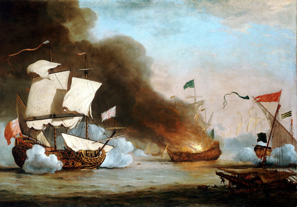 Angielski statek w akcji z barbarzyńskimi korsarzami, ok. 1680, ok. 1685 (olej na płótnie) autorstwa Willem van de Velde the Younger