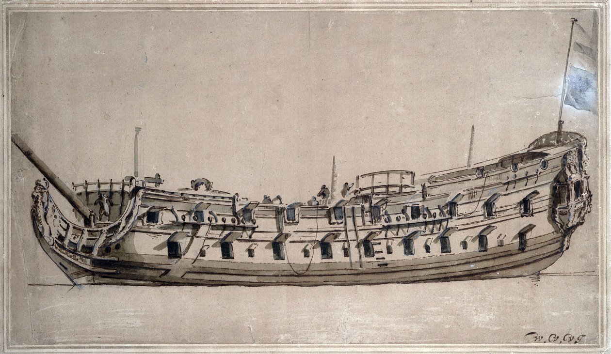 Brytyjski okręt czwartej klasy z 42 działami, zbudowany około 1675 roku. Rysunek tuszem autorstwa Willema van de Velde Młodszego (1633-1707) autorstwa Willem van de Velde the Younger