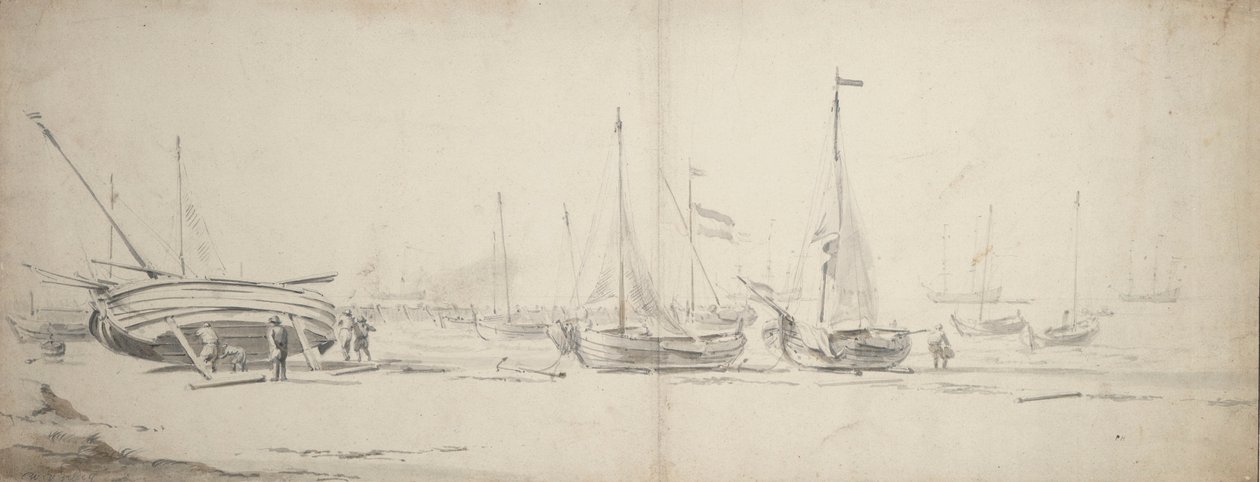 Pinki i weyshuity wyciągnięte na brzeg, ok. 1665 (grafit, szary, brązowy) autorstwa Willem van de Velde the Younger