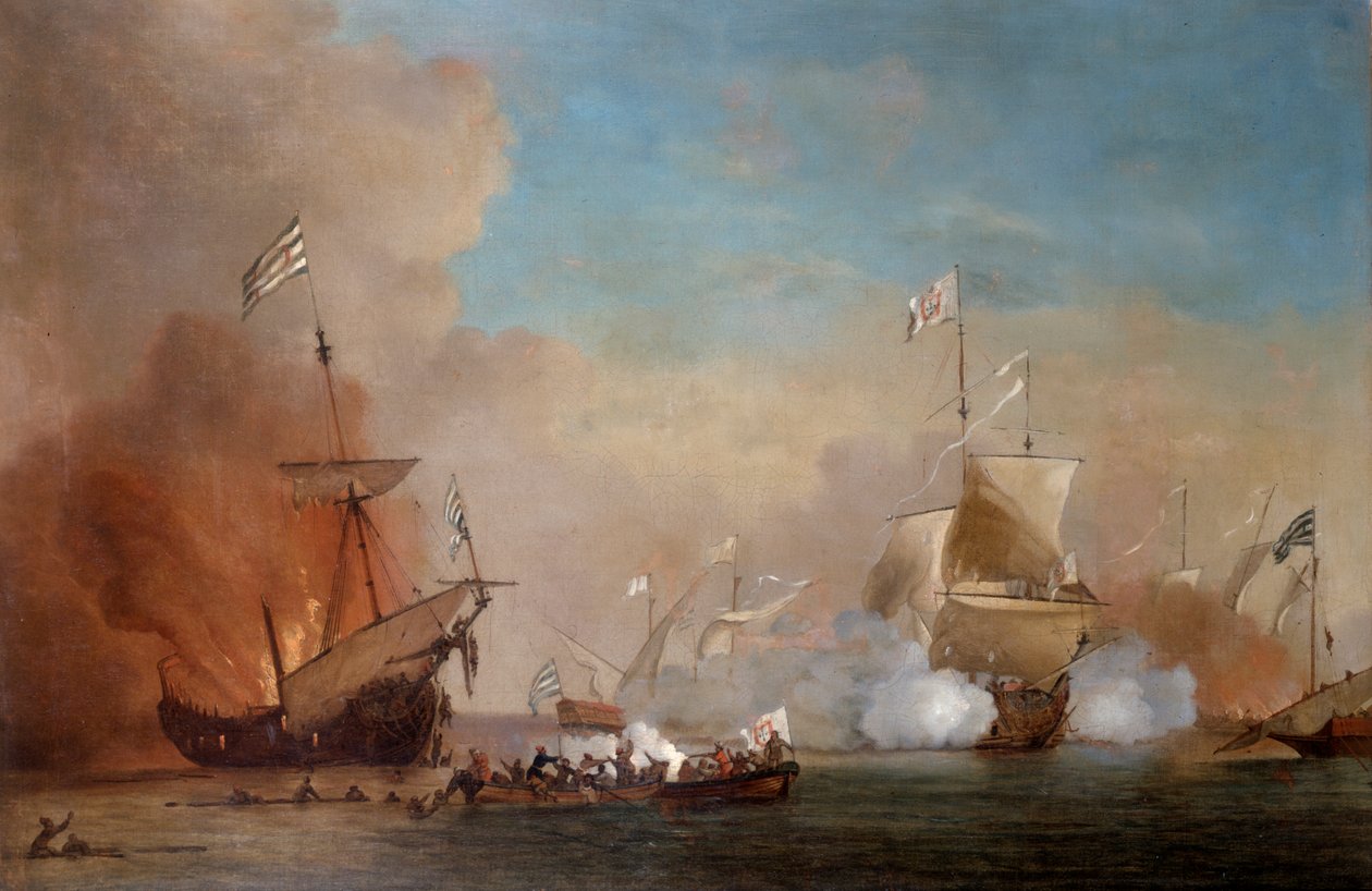 Piraci atakujący okręt brytyjskiej marynarki wojennej, XVII wiek. autorstwa Willem van de Velde the Younger